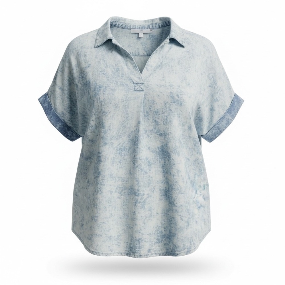 Women's Oversized‎ Blue Acid Wash Collared Short Sleeve Boxy Top M
